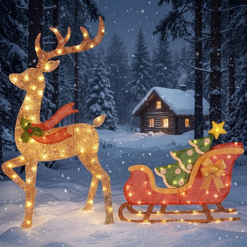 Lighted reindeer and - and, sleigh